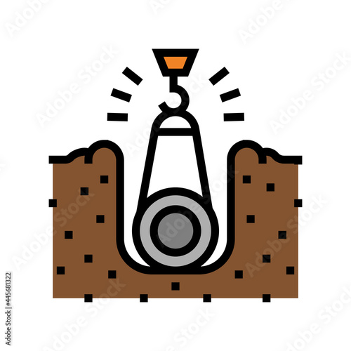 crane putting pipe in pit pipeline construction color icon vector. crane putting pipe in pit pipeline construction sign. isolated symbol illustration