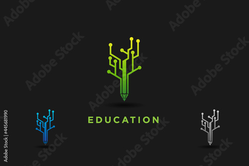 education and technology logo design idea. combination of pencil tree. usable logo for business. education conference. comunity, technology logo design template illustration. there are pen and tree photo