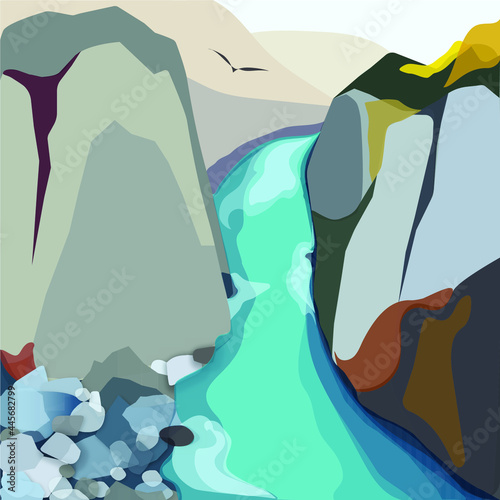 illustration of a landscape with rocks and rivers