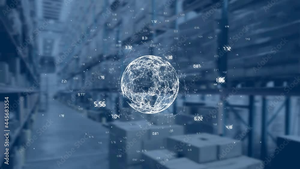 Globe of network of connections spinning against warehouse in background Globe of network of connections spinning against warehouse in background