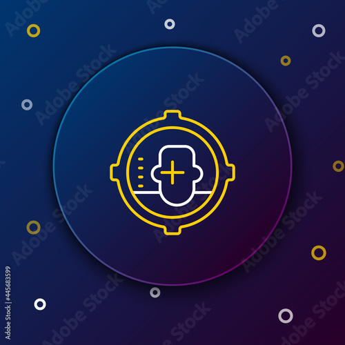 Line Headshot icon isolated on blue background. Sniper and marksman is shooting on the head of man, lethal attack, assault and assassination. Colorful outline concept. Vector