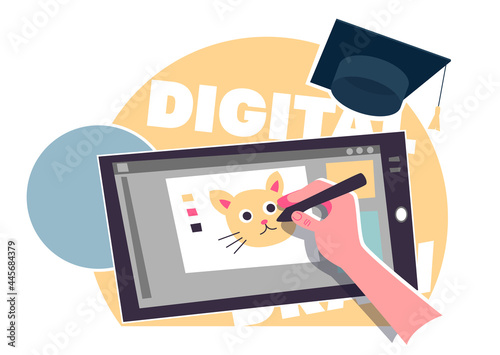 Designer illustrator draws on a graphic tablet with a screen and a pen. Vector illustration