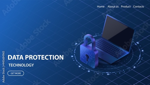 Data protection concept. Cyber security vector illustration. Laptop privacy technology. VPN protect banner.