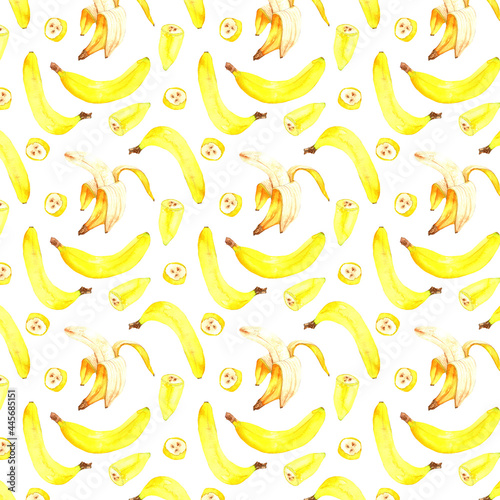 Banana watercolor hand drawn pattern.Watercolor hand drawn illustration isolated on white background.