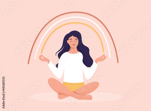 Smiling girl are sitting under a rainbow. Body positive and health care concept. Freedom lifestyle concept. Creating good vibes. Flat Vector Illustration. photo