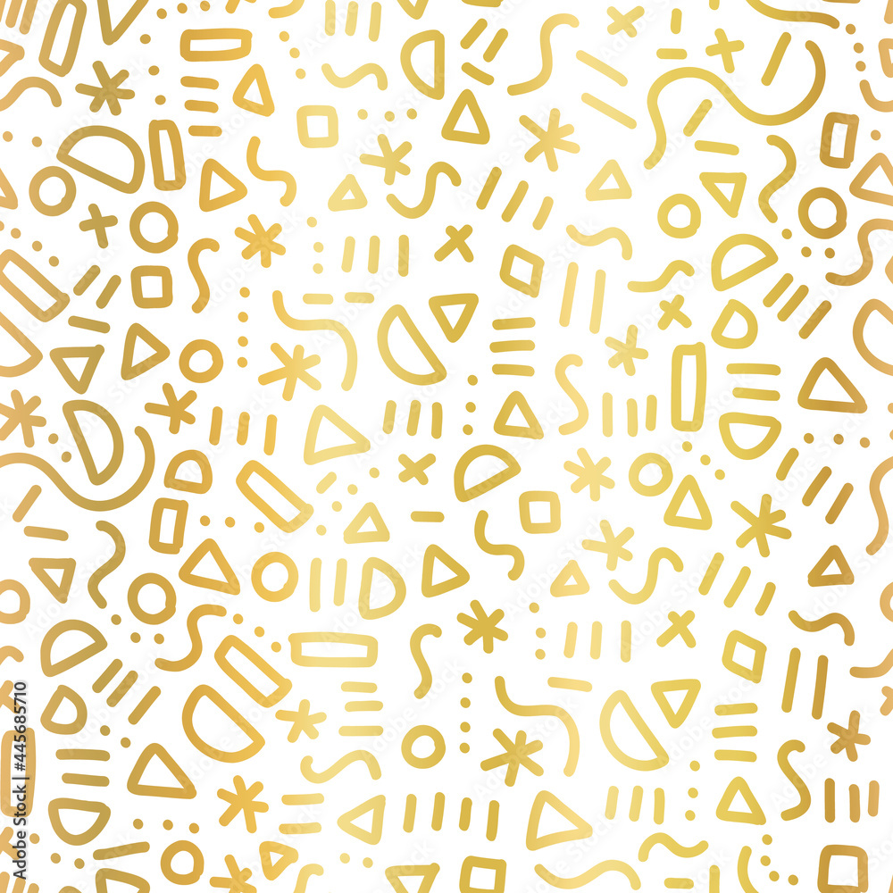 Gold foil doodle pattern seamless vector repeat. Metallic golden cute simple Memphis style repeating background with hand drawn elements. Elegant line art backdrop for wallpaper, wrapping, packaging.