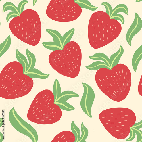 Fototapeta Naklejka Na Ścianę i Meble -  Cute seamless pattern with hand drawn red bright juicy strawberries, leaves in simple, childish, Scandinavian style on white backdrop. Vector background design, textile, wrapping paper.