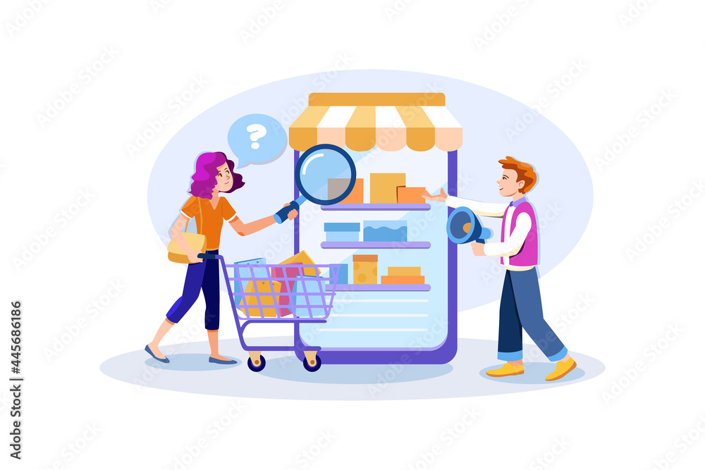 Customer with shopping cart buying digital service online. digital service marketplace