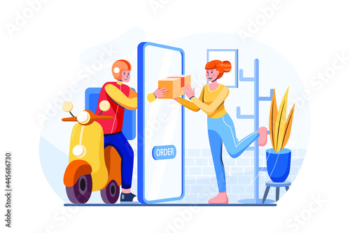 Women receive a package appear from screen phone by courier at home