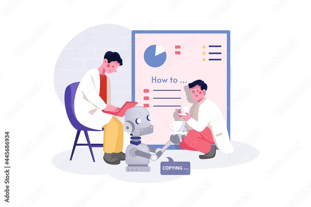 Teacher giving lecture to robots Illustration concept. Flat illustration isolated on white background. Teacher giving lecture to robots Illustration concept. Flat illustration isolated on white background.