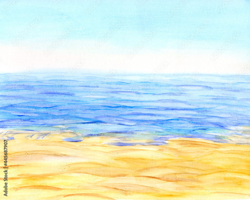 Watercolor Illustration with Sea, Sand, and Sky - for design scenes of paradise or Summer vacation.