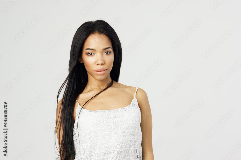 cheerful pretty african bright makeup posing fashion light background cheerful pretty african bright makeup posing fashion light background