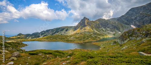 Banner of lake in mountain. Bulgarian mountain Rila. Lake Bliznaka