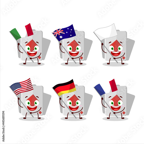 Remi card diamond cartoon character bring the flags of various countries