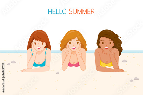 Three Women Wearing Bikini Lying On Beach