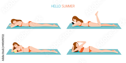 Set Of Woman Wearing Bikini Lying On Mat With Different Actions