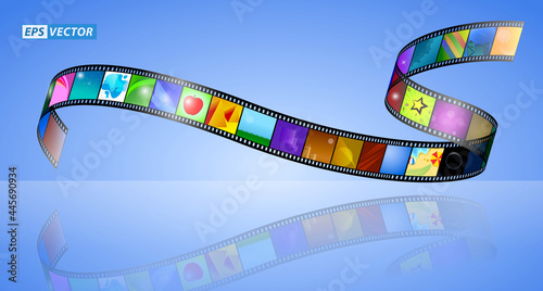 set of realistic cinema clapper board isolated or film strip cinema 35mm type or realistic film strip background concept. eps vector