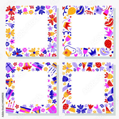 Set of square frame, border with elements of cake with candles, cupcake, gift box, abstract flowers, wine glasses, cam, lips, balloon, birthday cap. Vector illustration, background with space for text