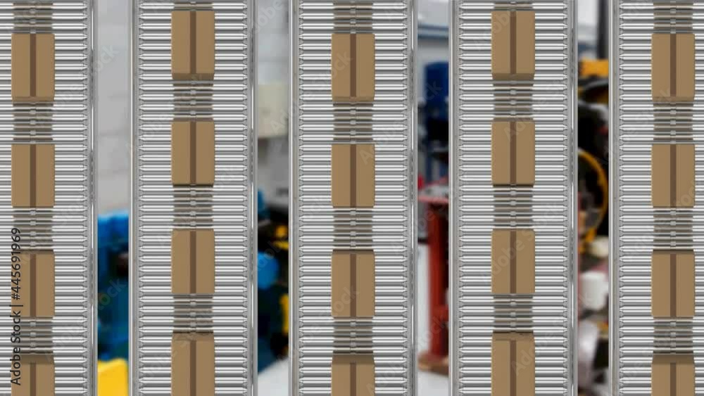 Animation of cardboard boxes moving on conveyor belts in warehouse Animation of cardboard boxes moving on conveyor belts in warehouse