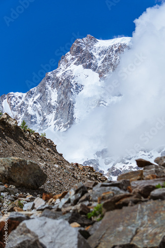 Glaciers and snow between the alps near the matterhorn and Monte Rosa, near the town of Zermatt, Switzerland - June 2021