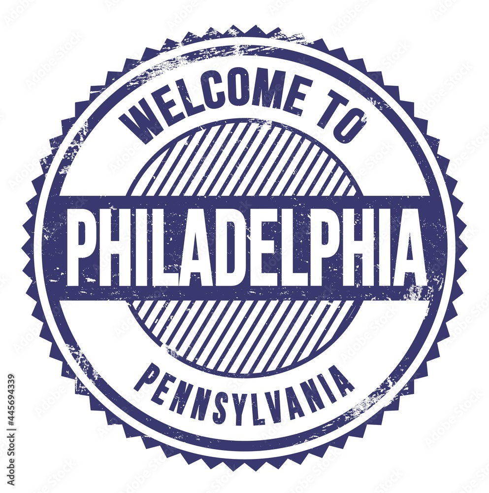 WELCOME TO PHILADELPHIA - PENNSYLVANIA, words written on blue stamp