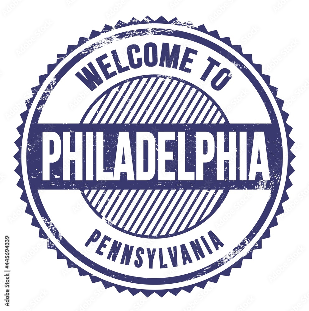 WELCOME TO PHILADELPHIA - PENNSYLVANIA, words written on blue stamp WELCOME TO PHILADELPHIA - PENNSYLVANIA, words written on blue stamp