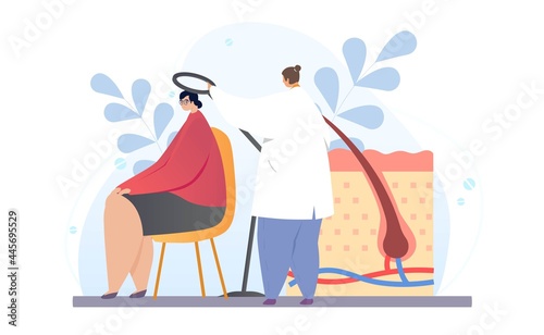 Profession of a trichologist concept. The doctor checks the health of the hair follicles and scalp with a magnifying glass. An appointment with a specialist. Cartoon modern flat vector illustration