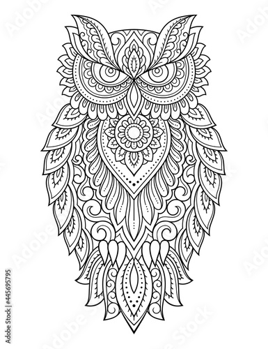 Owl decorated with oriental Indian ethnic floral vintage pattern. Hand drawn decorative bird in doodle style. Stylized mehndi ornament for tattoo, print, design  room, cover, book and coloring page.