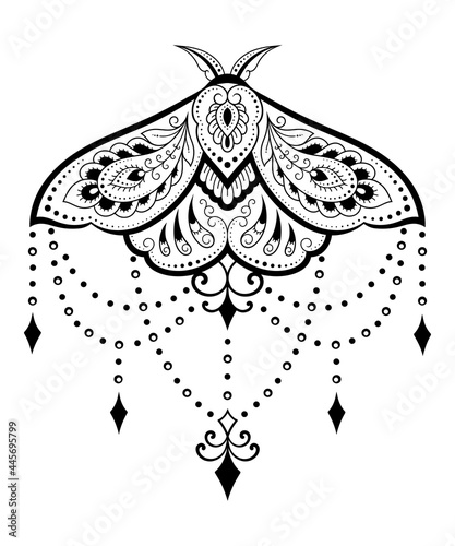 Moth decorated with Indian ethnic floral vintage pattern. Hand drawn decorative insect in doodle style. Stylized mehndi ornament for tattoo, print, design for room, cover, book and coloring page.