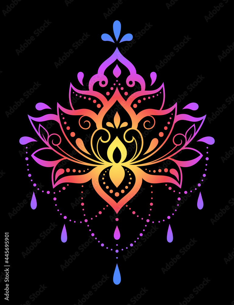 Colorful Lotus floral pattern for Mehndi and Henna drawing. Hand-draw lotus symbol. Decoration in ethnic oriental, Indian style. Rainbow design on black background.