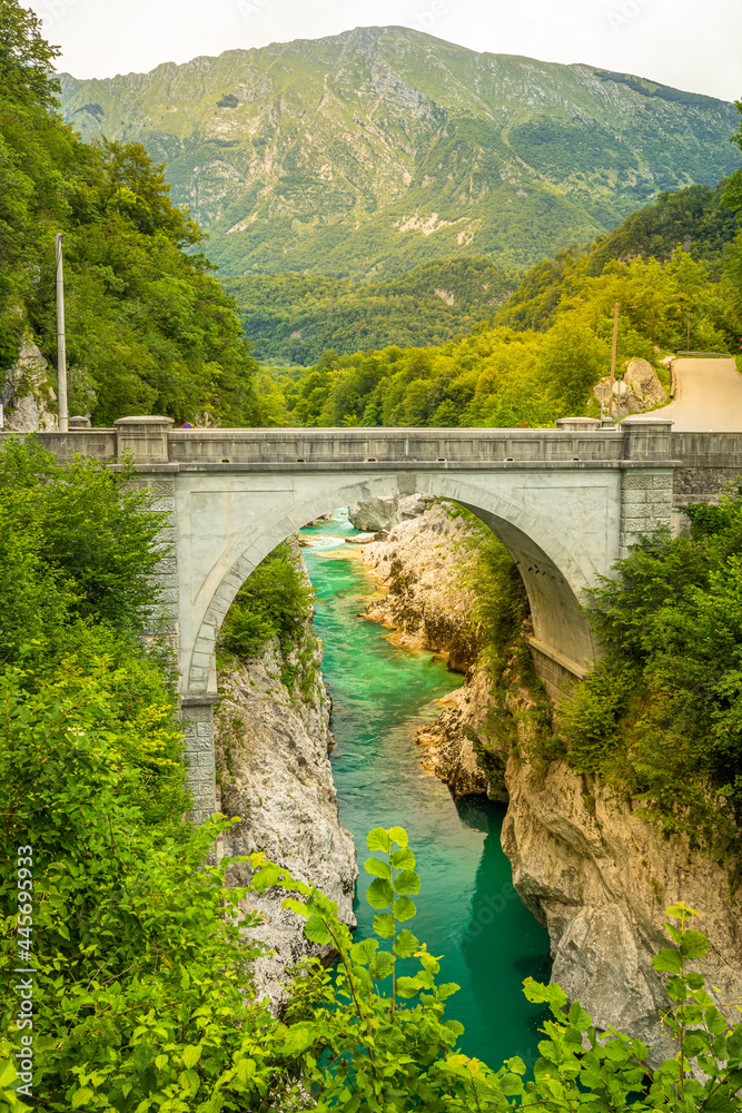 Napoleon's bridge over the turquoise Soca river in Kobarid, Slovenia.
