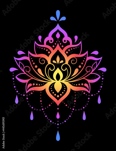 Colorful Lotus floral pattern for Mehndi and Henna drawing. Hand-draw lotus symbol. Decoration in ethnic oriental, Indian style. Rainbow design on black background.