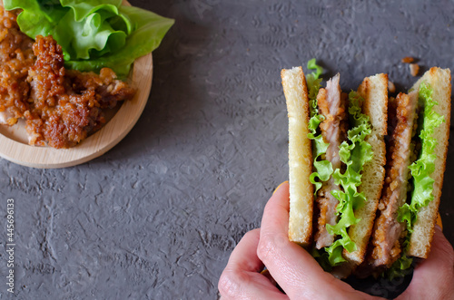 Pork sandwich, lettuce and grilled toast. Senwich in a woman's hand. Close-up, side view, copy space