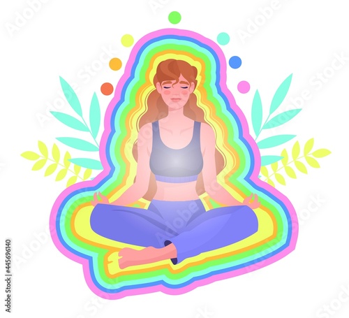 Yoga practice concept. The girl sits in the lotus position surrounded by a rainbow aura and relaxes. A healthy lifestyle. Cartoon modern flat vector illustration isolated on a white background