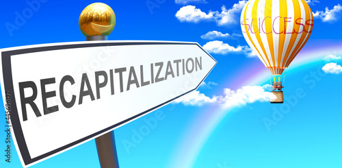 Recapitalization leads to success - shown as a sign with a phrase Recapitalization pointing at balloon in the sky with clouds to symbolize the meaning of Recapitalization, 3d illustration photo