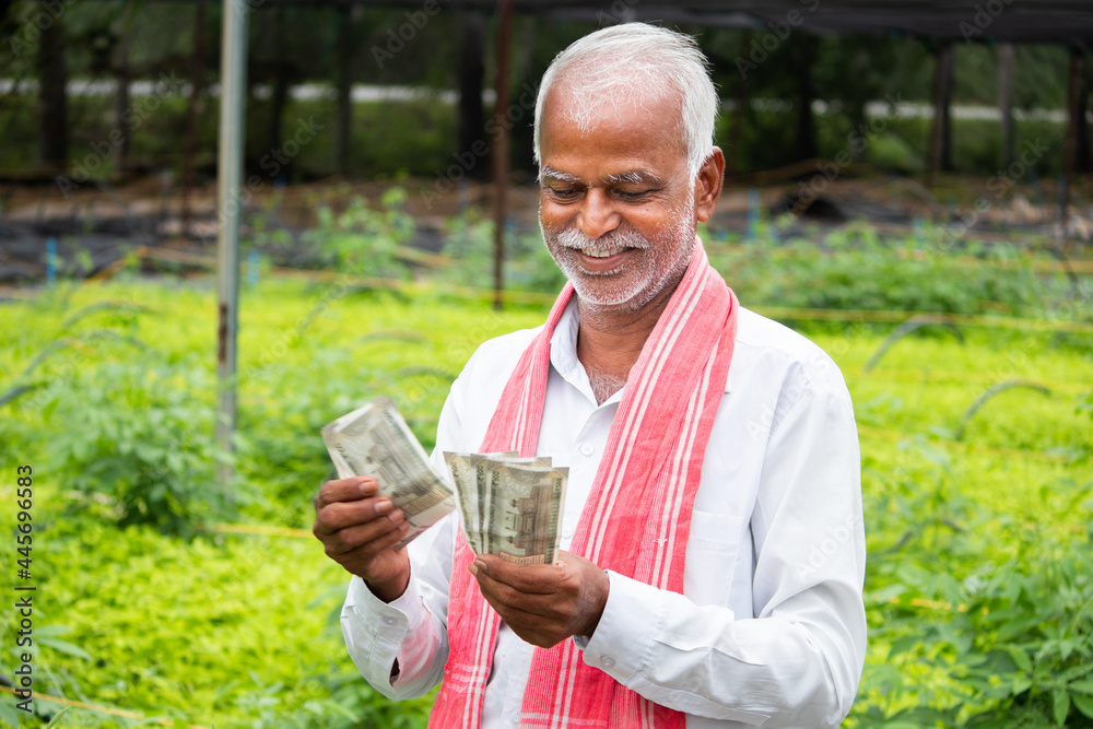 Happy Smiling Indian farmer counting Currency notes inside the