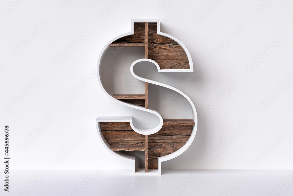 Dollar symbol in the shape of a furniture made of white maple veneer and brown raw wood planks. High definition 3D rendering.