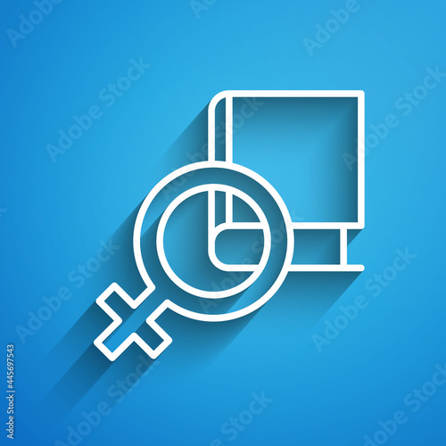 White line Book about women icon isolated on blue background. 8 March. International Happy Women Day. Long shadow. Vector