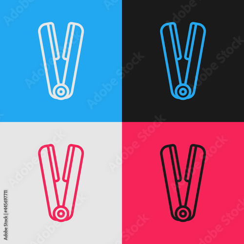 Pop art line Curling iron for hair icon isolated on color background. Hair straightener icon. Vector
