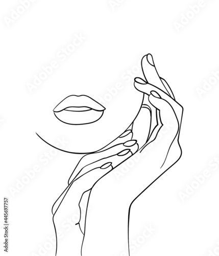 Minimal line art woman with hand on face. Black Lines Drawing. - Vector illustration