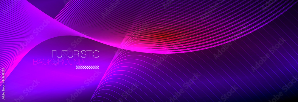 Abstract neon glowing light in the dark with waves. Shiny magic energy and motion concept, vector abstract wallpaper background Abstract neon glowing light in the dark with waves. Shiny magic energy and motion concept, vector abstract wallpaper background