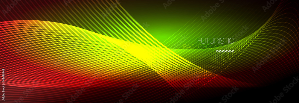 Abstract neon glowing light in the dark with waves. Shiny magic energy and motion concept, vector abstract wallpaper background