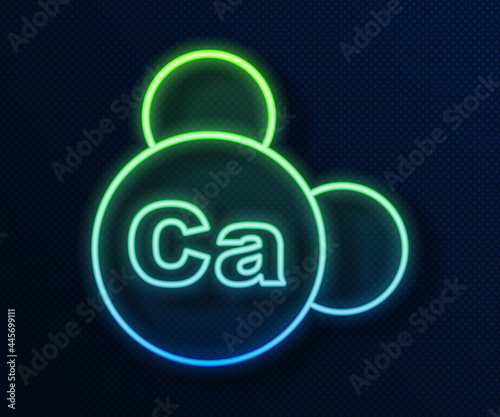 Glowing neon line Mineral Ca Calcium icon isolated on blue background. Mineral vitamin complex with a chemical formula. Vector