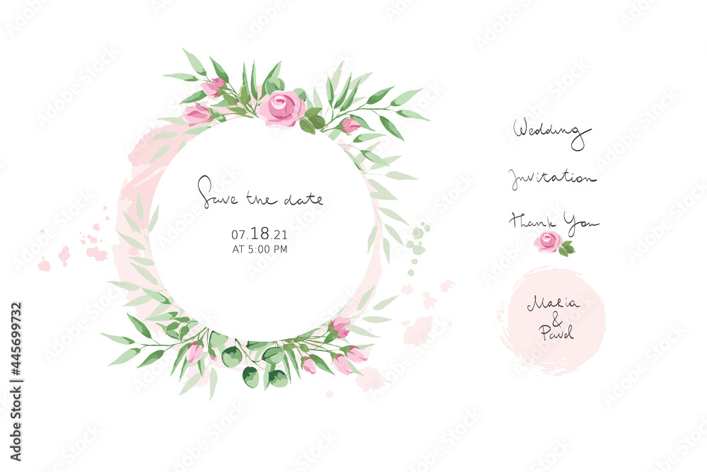Obraz premium Pink roses -- set design elements for wedding invitations. Vector illustration, frame, backgrounds watercolor style. Calligraphic lettering collection. 