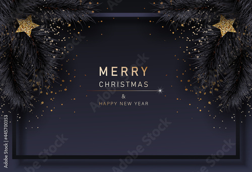 Glamorous Christmas banner with fir black branches. Merry christmas and happy new year banner