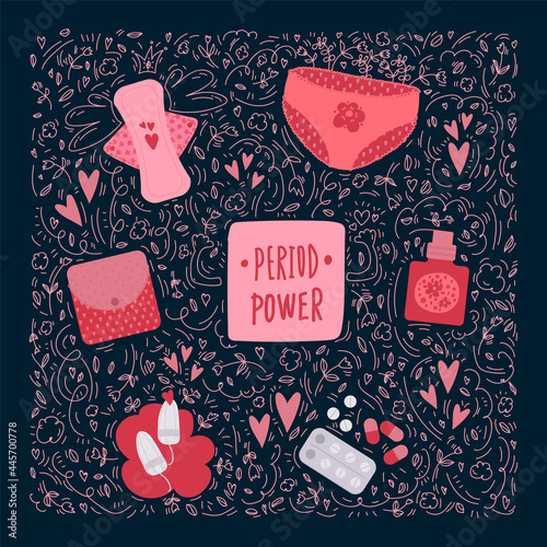 The pattern is an illustration of the menstrual period. Painted feminist hygiene, tampons, pads, menstrual cup. In the circle of the doodle of the substrate. Vector illustration