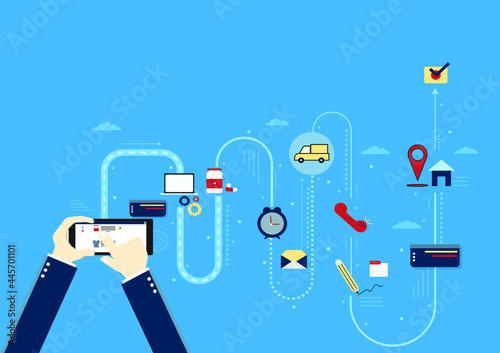 Online Shopping on mobile phone with businessman Click to order food or medicine, clothing via the Internet application, Marketing concept and digital social media logistics. Flat design vector