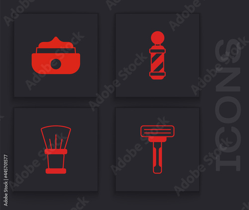Set Shaving razor, Gel wax for hair styling, Classic Barber shop pole and brush icon. Vector