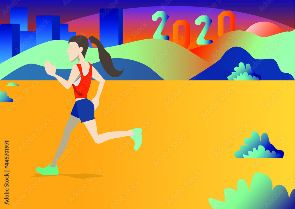 women athletic starting to 2020 new year, Start of people running on a street road with sunset light. Goal of Success the winner.Vector illustration