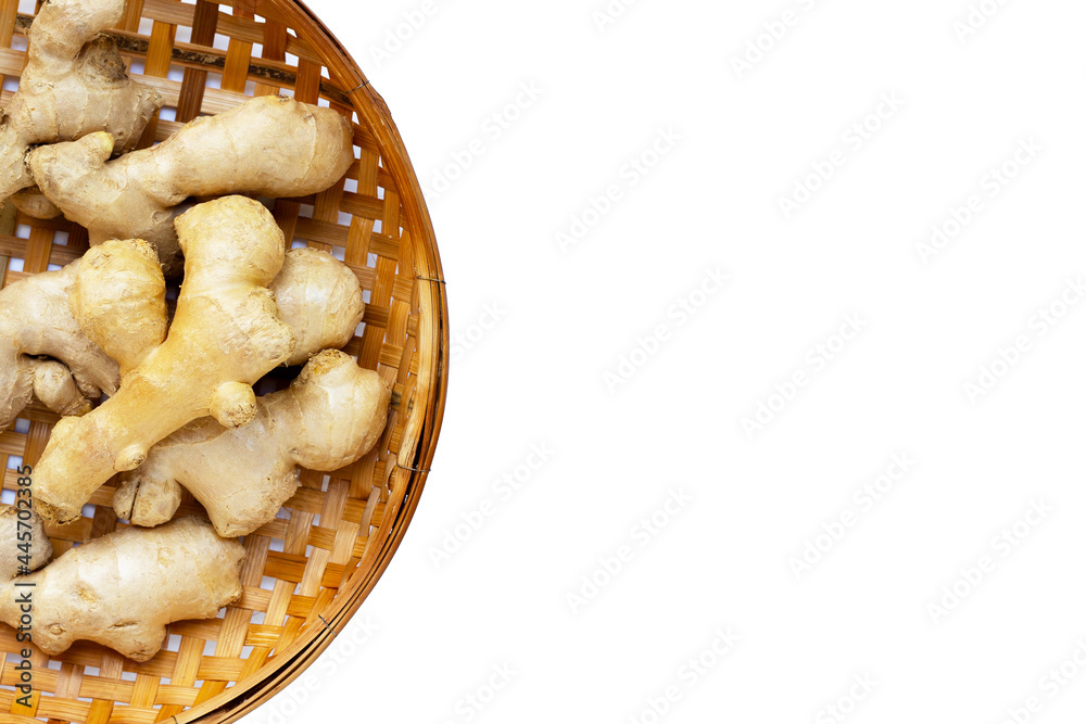 Ginger in bamboo basket on white Ginger in bamboo basket on white
